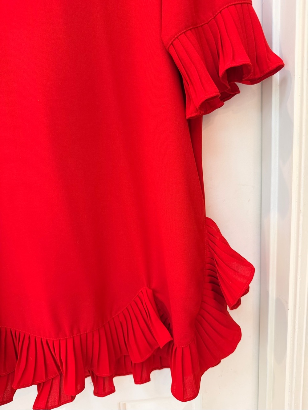 Red Ruffle Hem & 3/4 Length Sleeve Tunic / Shift Dress, Elegant Casual, Sz L - Picture 5 of 12